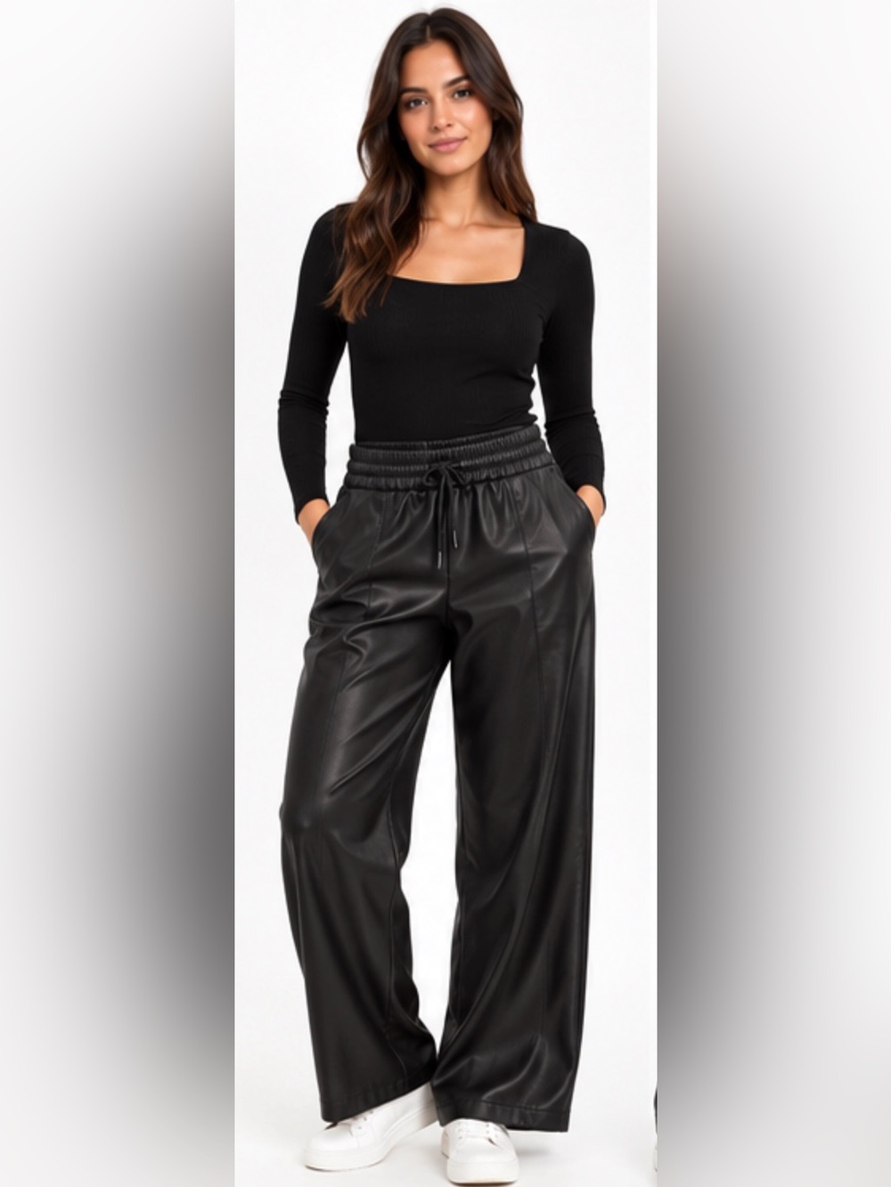 Zara Black Faux Leather Wide Leg Pants size XL